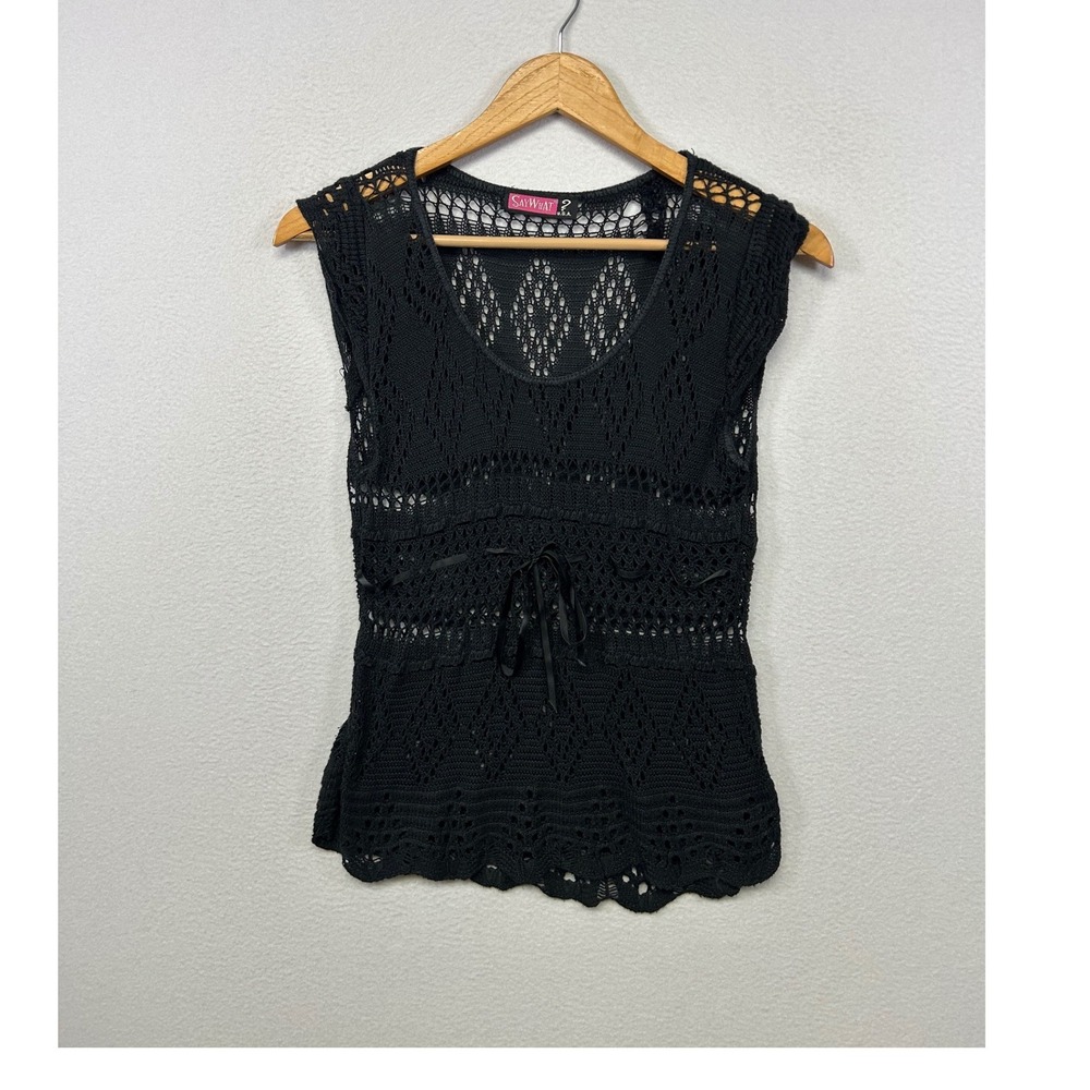 Say What? Whimsigoth Boho Women Small Black Crochet Knit Ribbon Tie Top